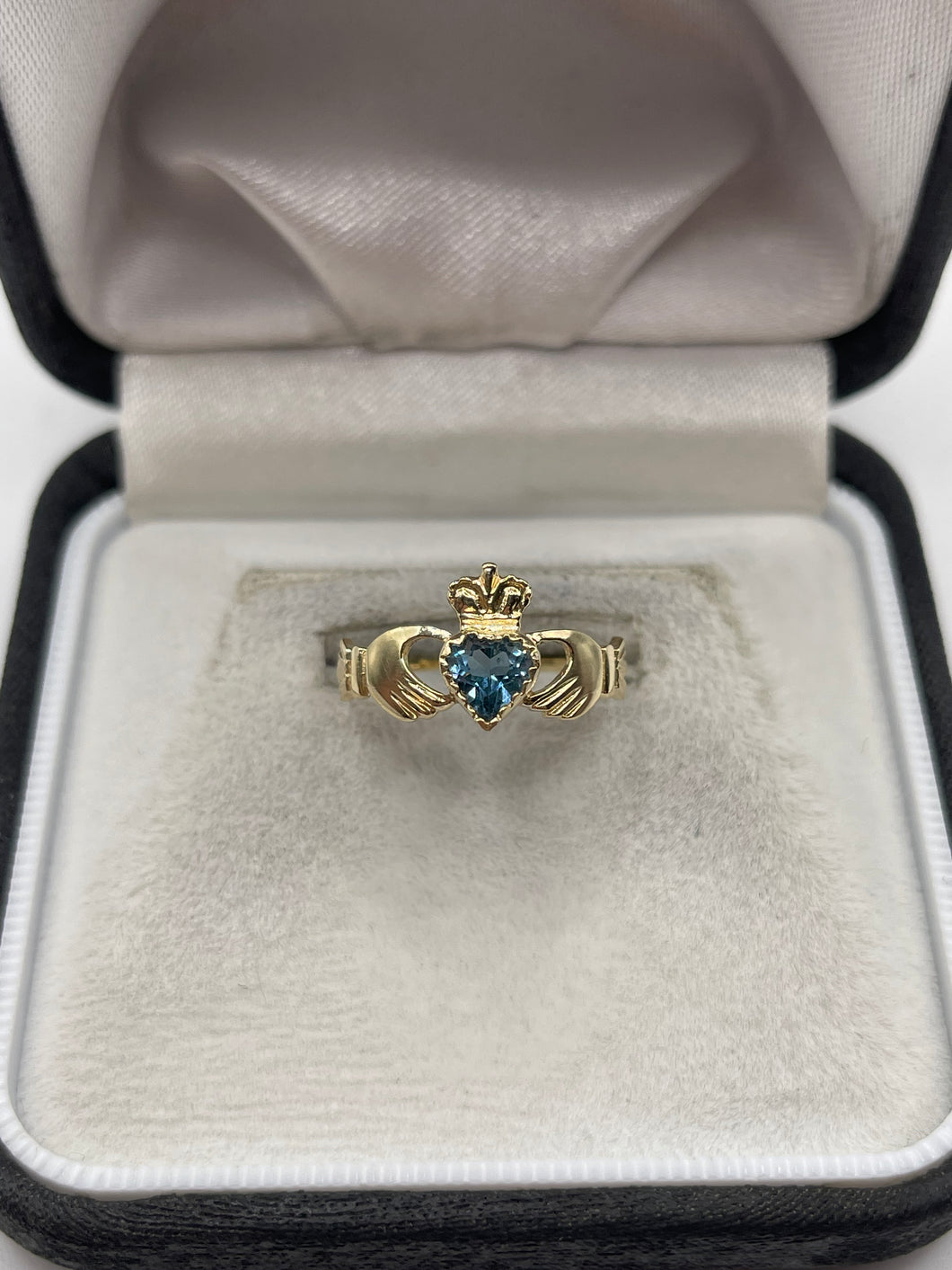 9ct gold blue topaz claddagh ring