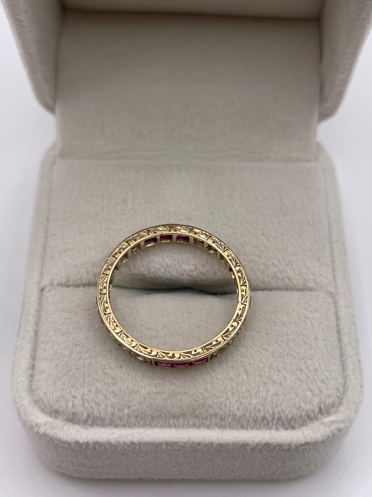 Antique 9ct gold synthetic ruby and paste eternity ring