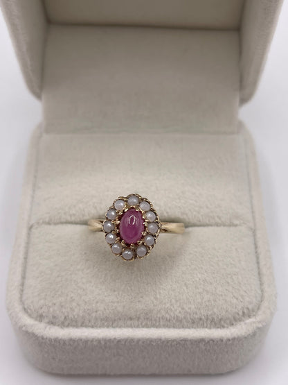 9ct gold cabochon ruby and pearl ring