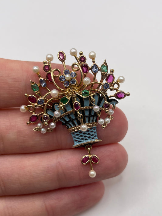 9ct gold enamel and multi gemstone brooch