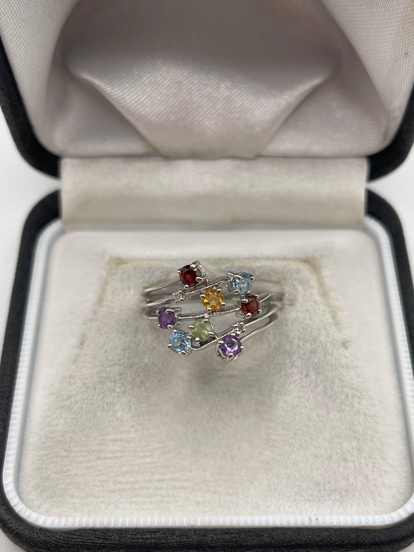 9ct white gold multi gemstone and diamond ring