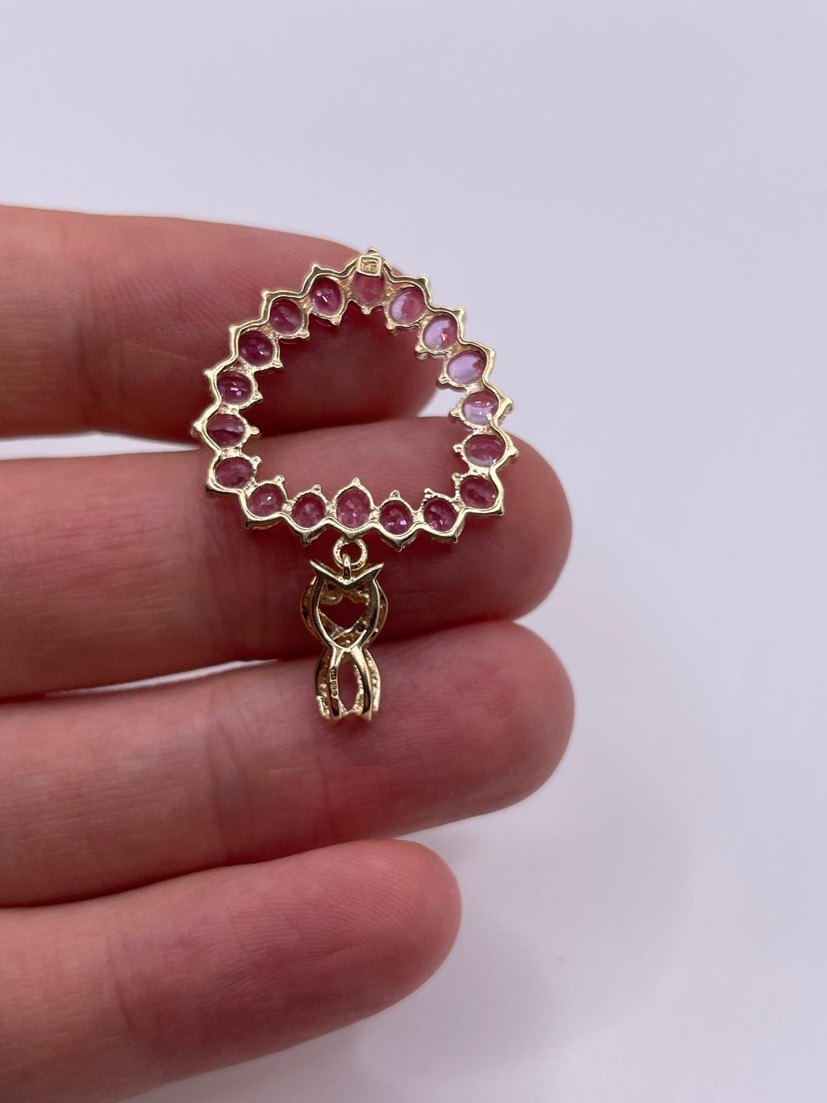 9ct gold pink sapphire and diamond pendant