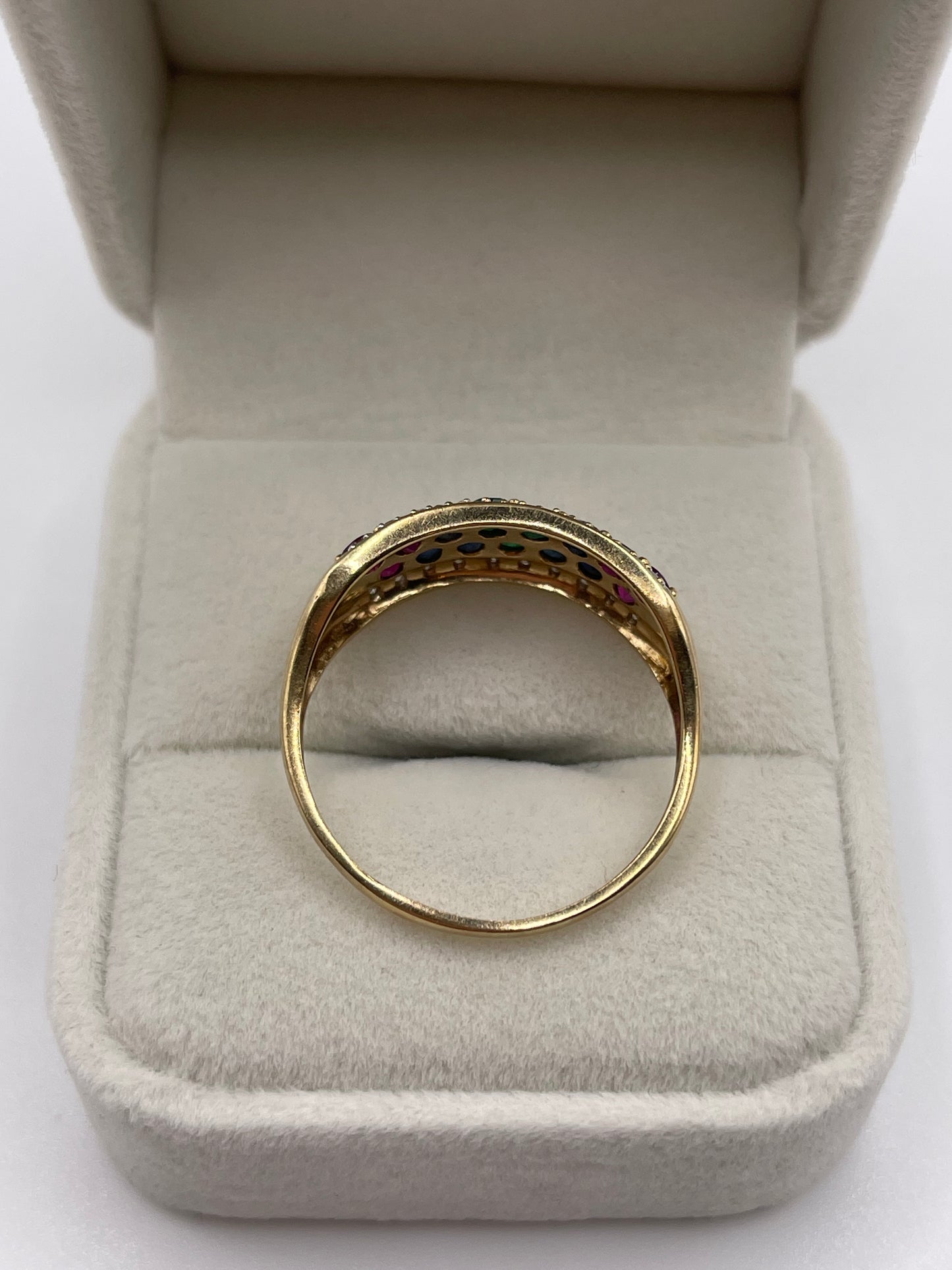 9ct gold emerald, sapphire, ruby and diamond ring