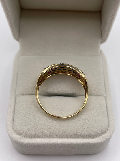 9ct gold emerald, sapphire, ruby and diamond ring