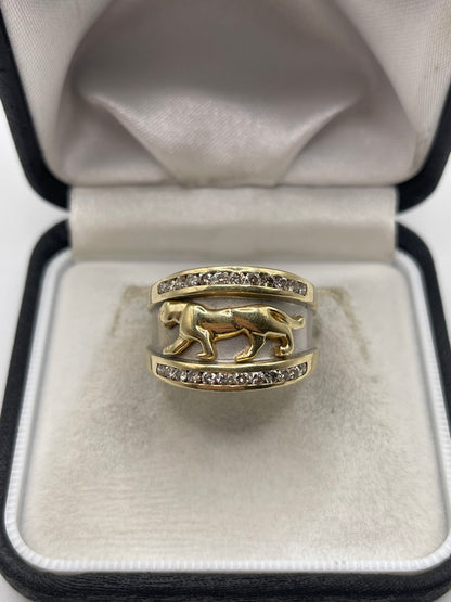 Heavy 14ct two tone gold diamond panther ring