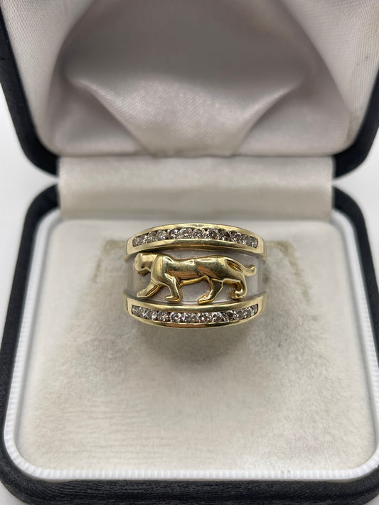 Heavy 14ct two tone gold diamond panther ring