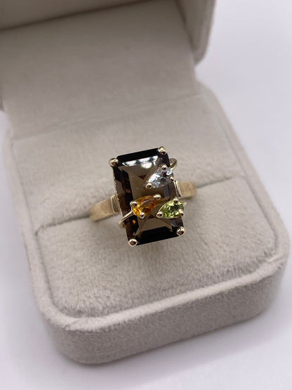 9ct gold Smokey quartz, citrine, topaz and peridot ring