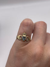 Load image into Gallery viewer, 9ct gold blue topaz claddagh ring
