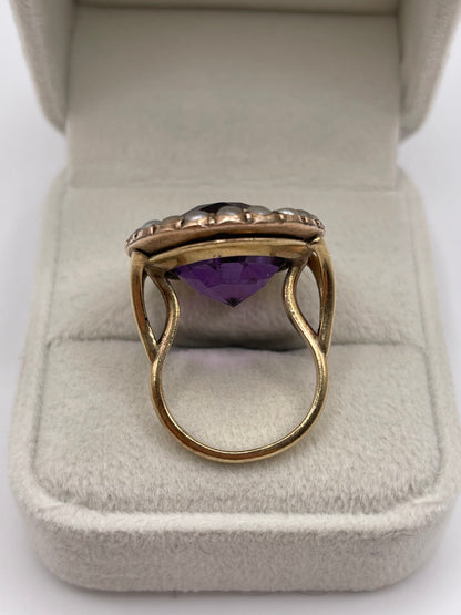 Antique 9ct gold amethyst and pearl ring