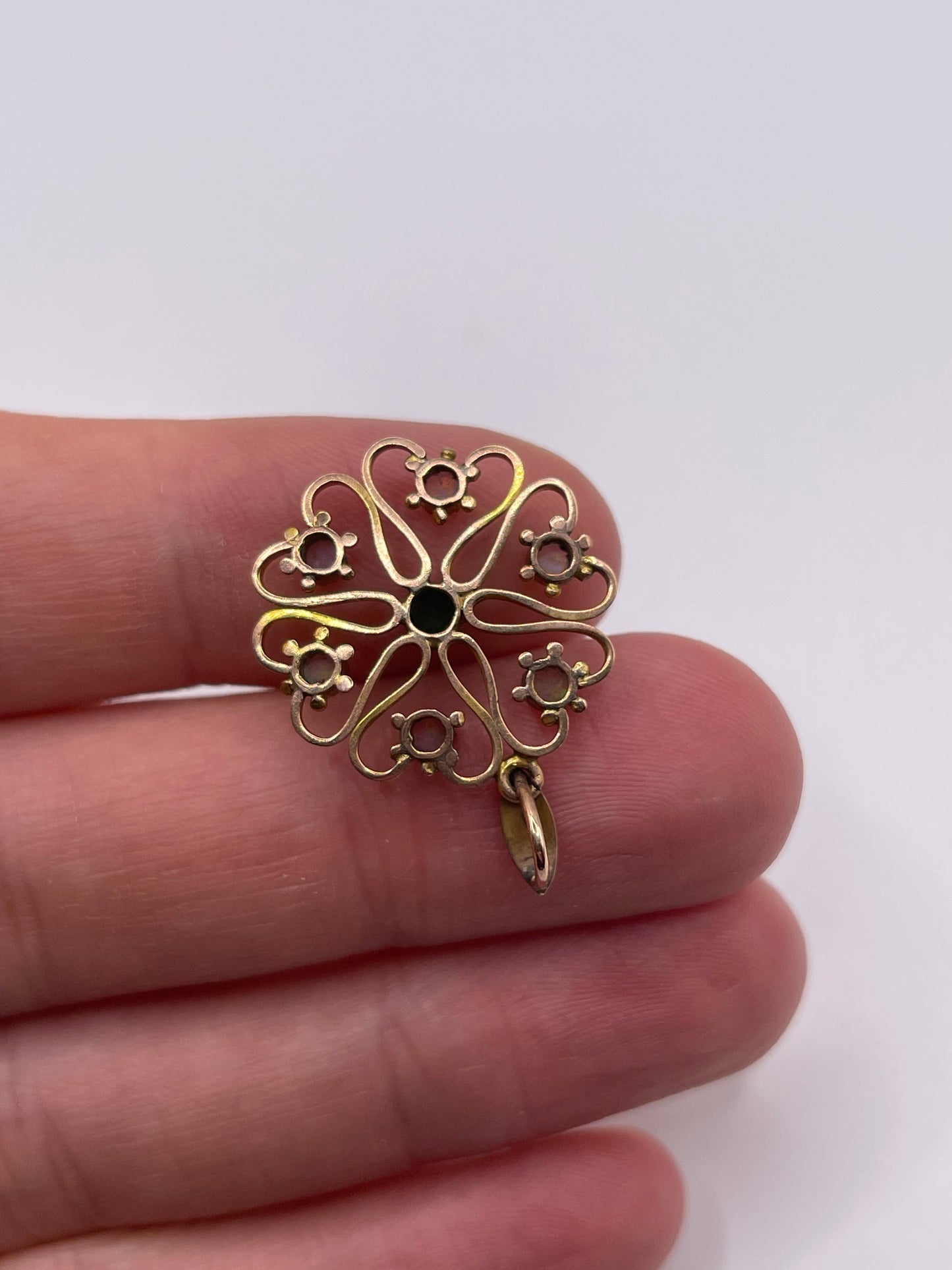 Antique 9ct rose gold emerald paste and opal pendant