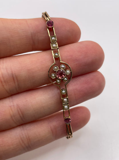 Antique 9ct rose gold topaz and pearl bracelet