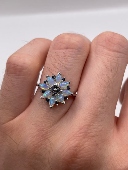 9ct white gold opal and sapphire cluster ring
