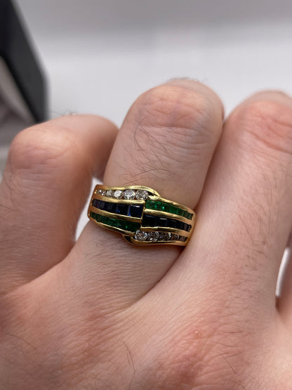 18ct gold emerald, sapphire and diamond ring