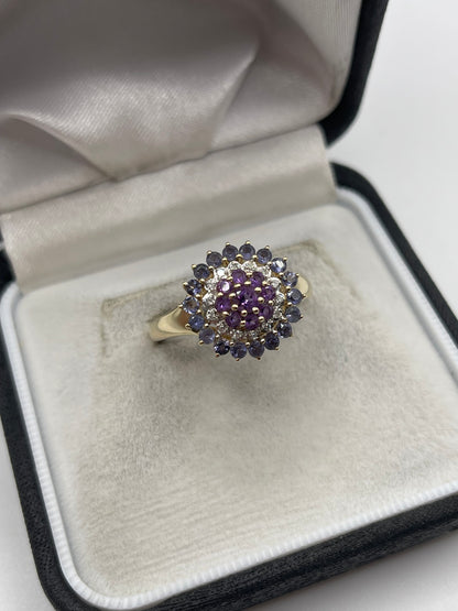 9ct gold amethyst, tanzanite and diamond ring