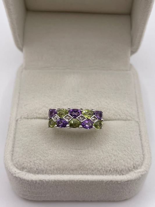 9ct gold amethyst, peridot and diamond ring