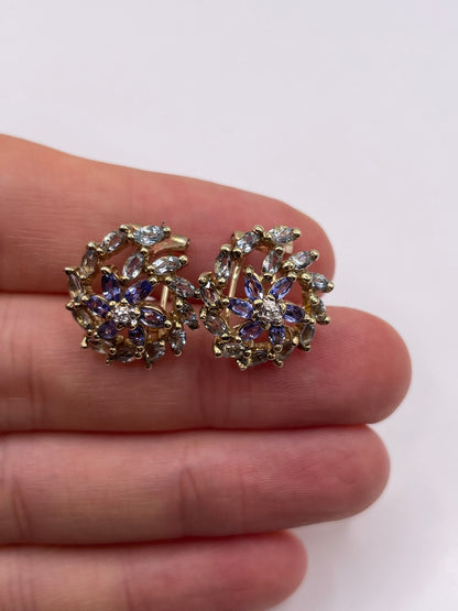 9ct gold tanzanite, aquamarine and diamond earrings
