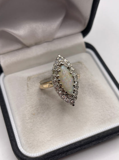 14ct gold opal and diamond navette ring