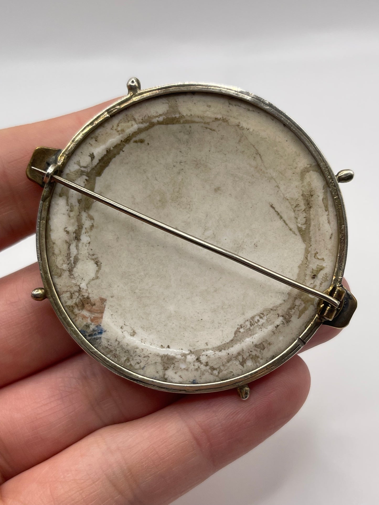 Antique silver painted porcelain brooch