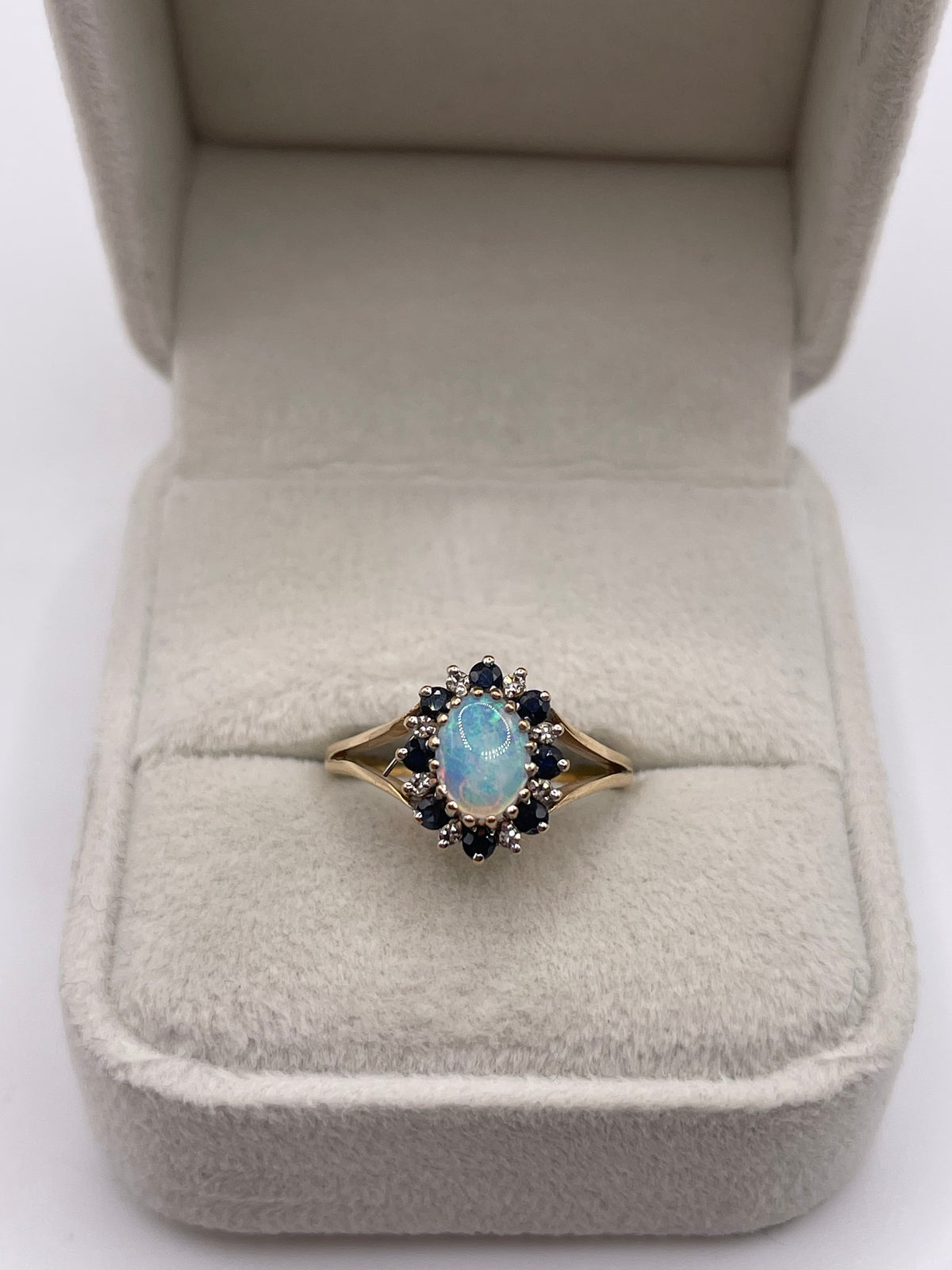 9ct gold opal, sapphire and diamond ring