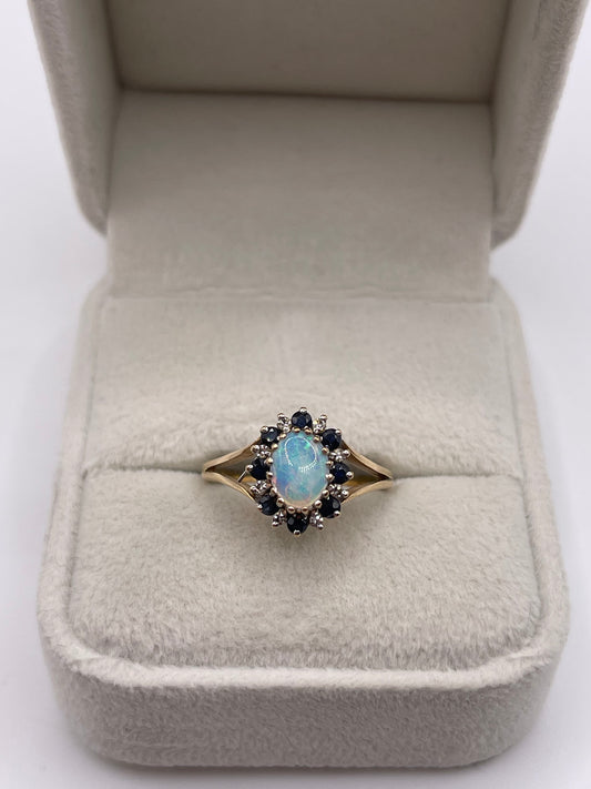 9ct gold opal, sapphire and diamond ring