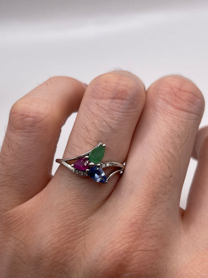 9ct white gold sapphire, emerald, ruby and diamond ring