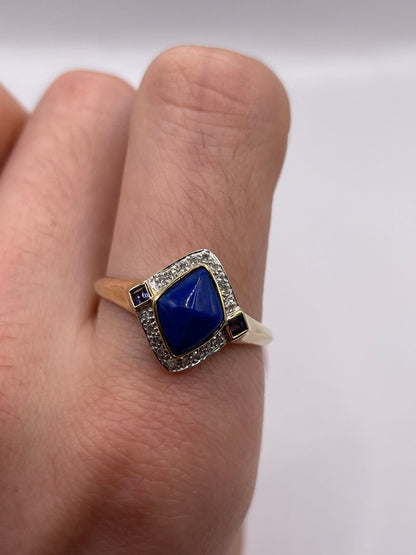 9ct gold lapis lazuli, iolite and diamond ring