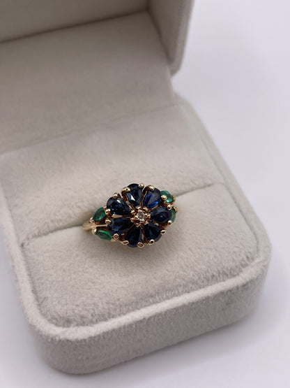 14ct gold sapphire, emerald and diamond ring