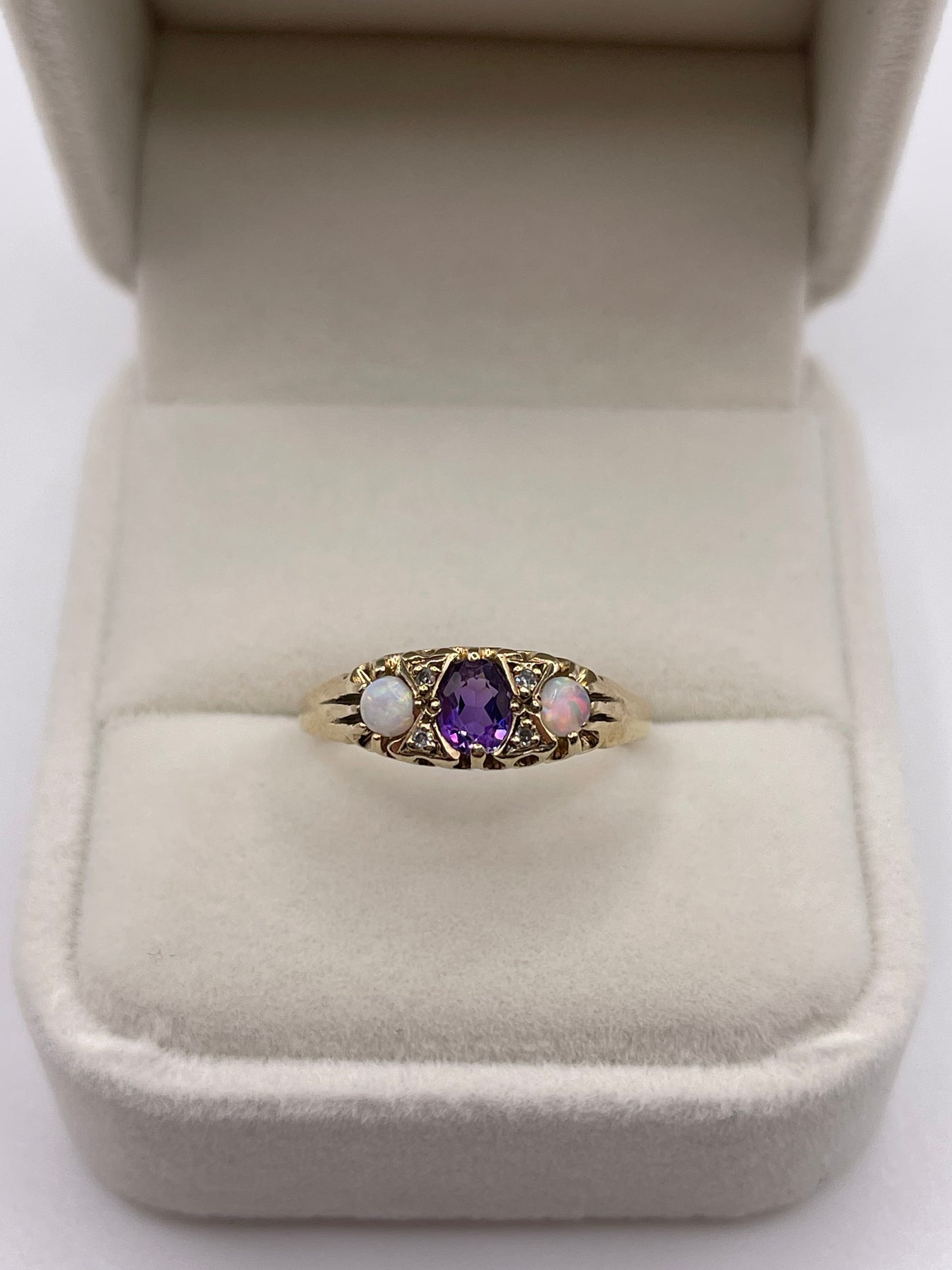 9ct gold amethyst, opal and diamond ring