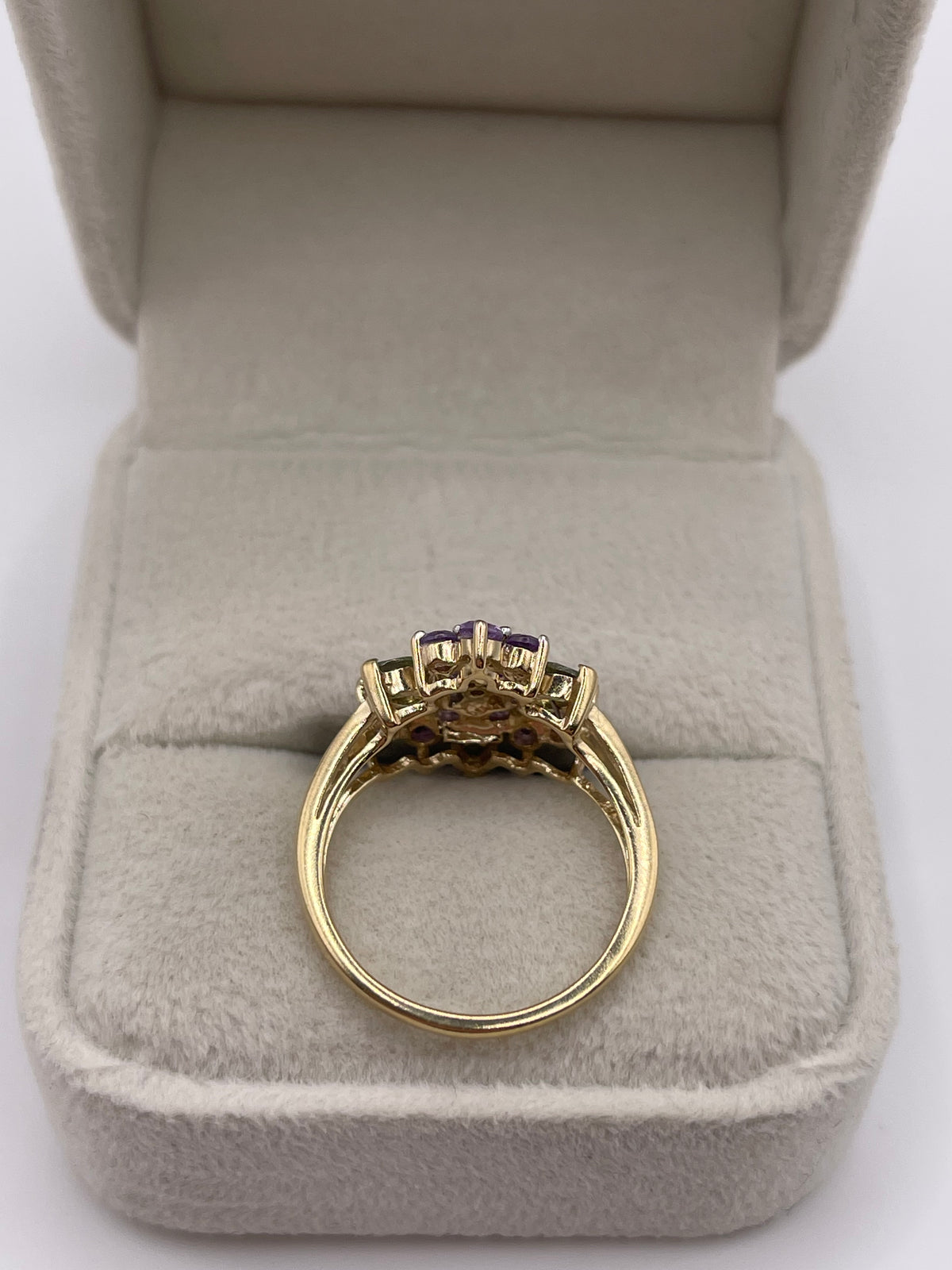 9ct gold amethyst, peridot and diamond ring