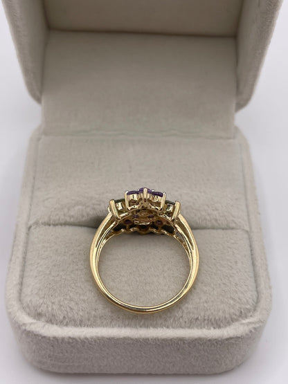 9ct gold amethyst, peridot and diamond ring