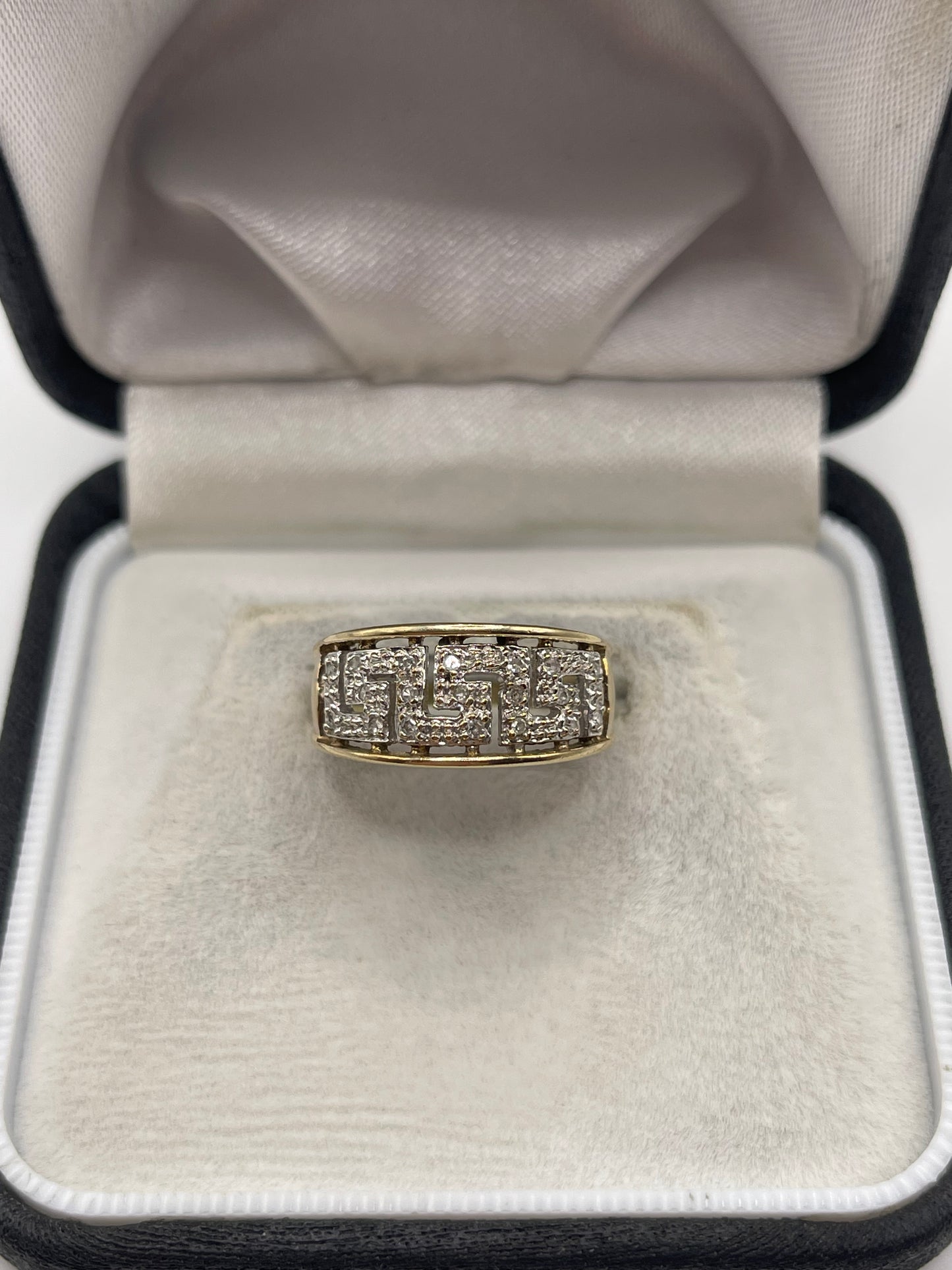 9ct gold diamond Greek key ring