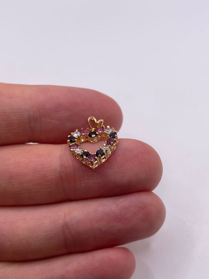 9ct gold ruby, sapphire and cz heart pendant
