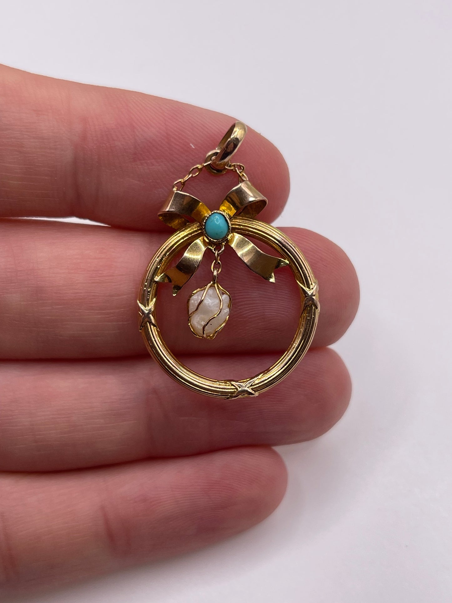 Antique 9ct gold turquoise and pearl pendant