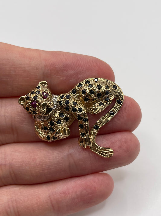 9ct gold ruby, sapphire and diamond panther brooch