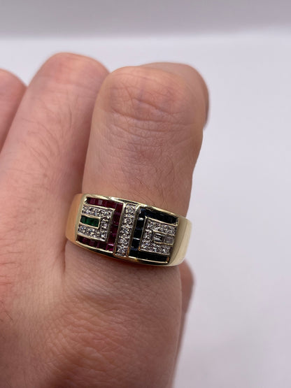 9ct gold ruby, sapphire, emerald and diamond ring