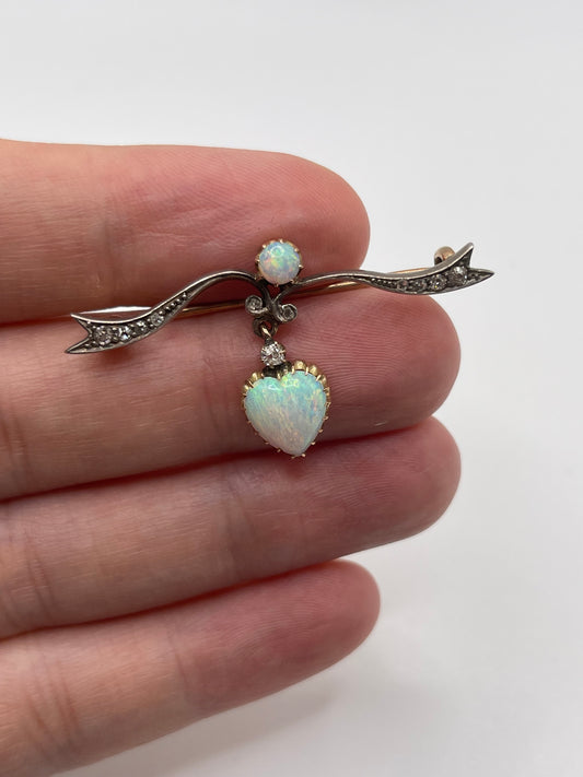 Antique 9ct gold opal and diamond brooch