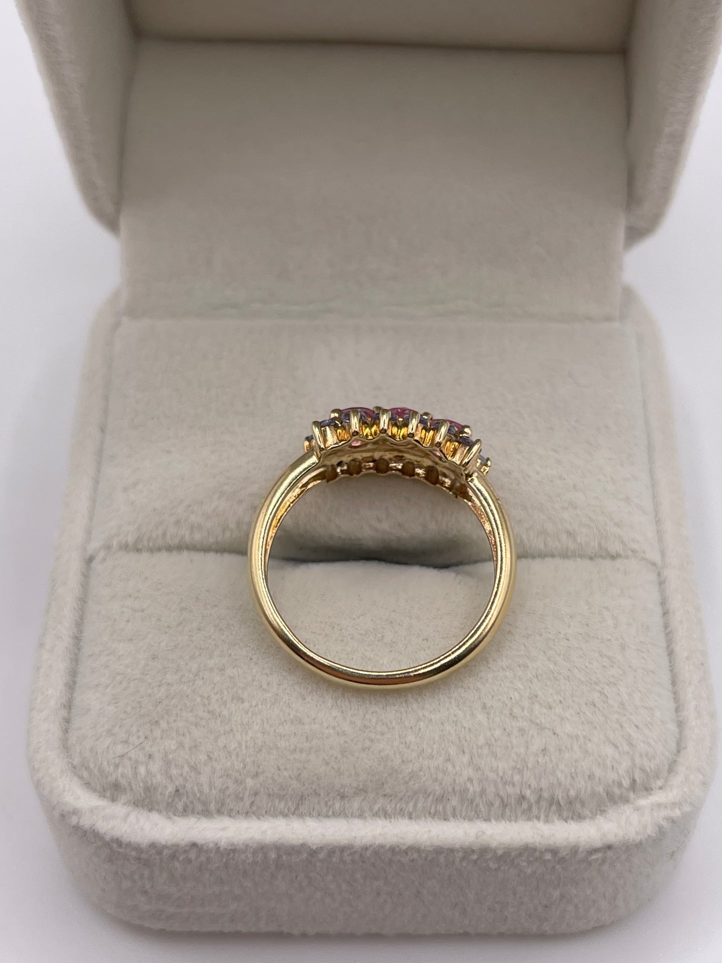 9ct gold pink sapphire and tanzanite cluster ring