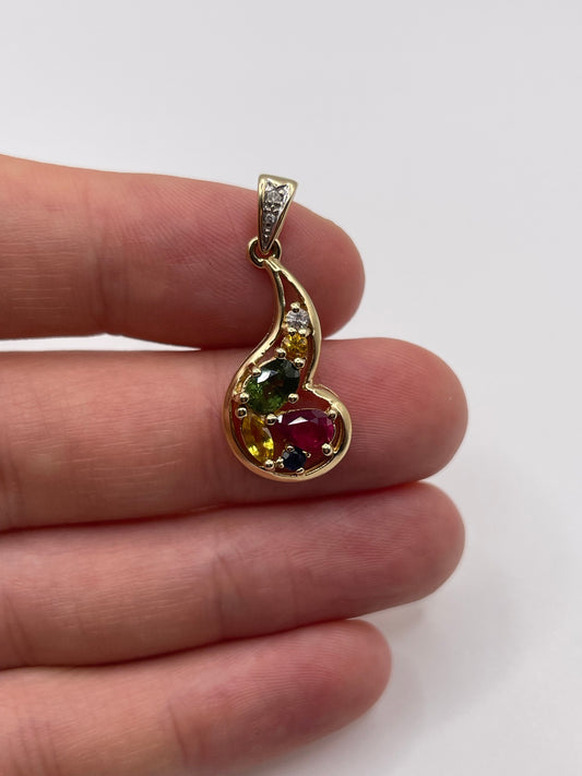 9ct gold multi gem and diamond pendant