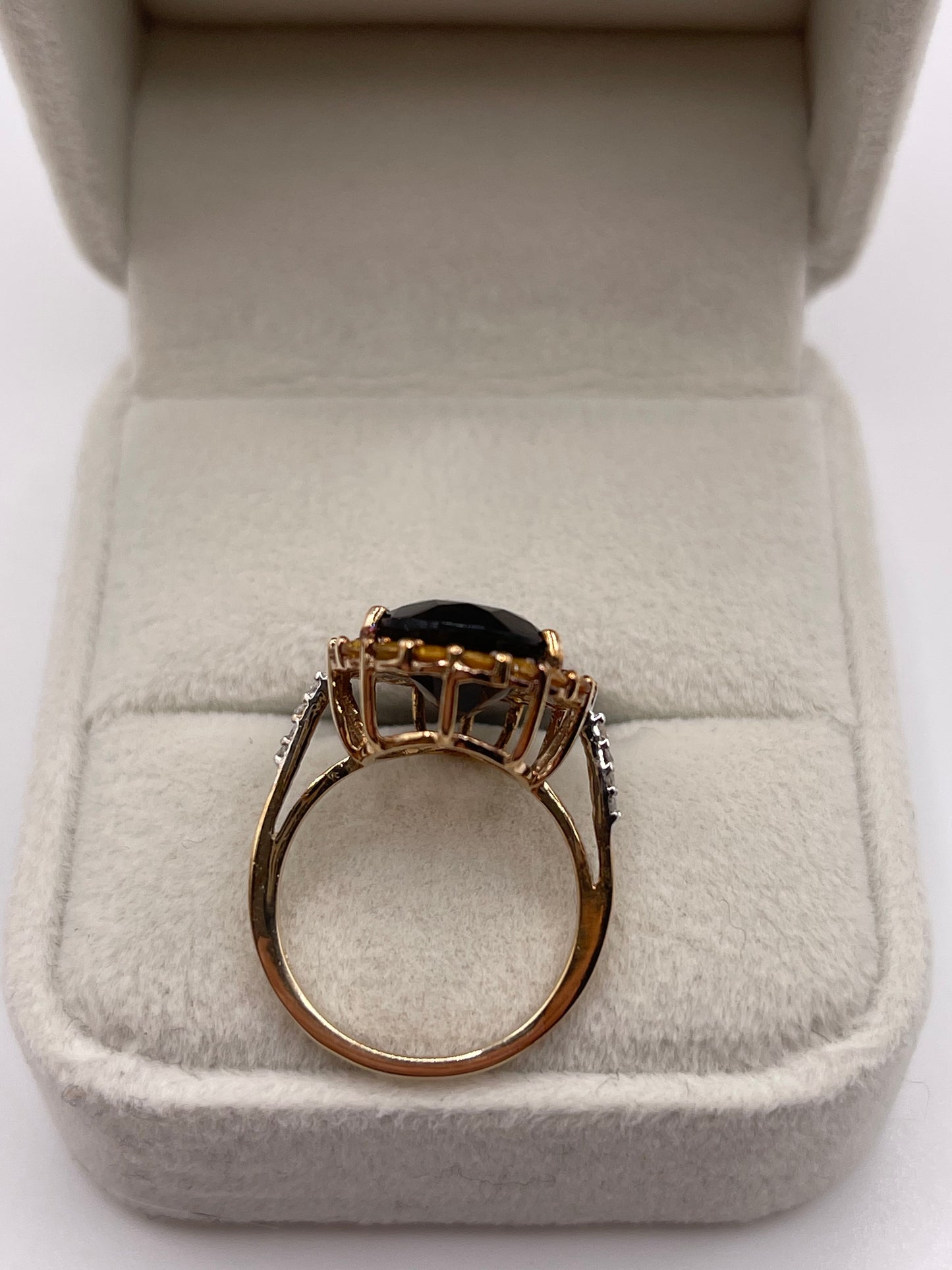 9ct gold Smokey quartz, citrine and diamond ring