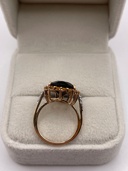9ct gold Smokey quartz, citrine and diamond ring