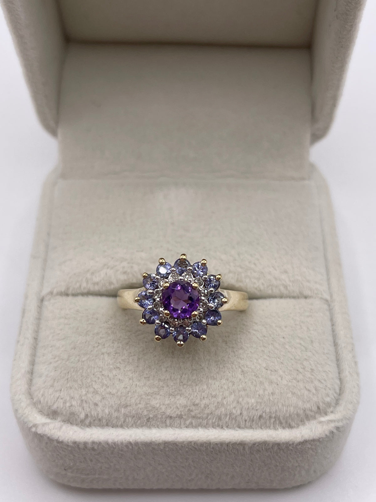 9ct gold amethyst, tanzanite and diamond cluster ring