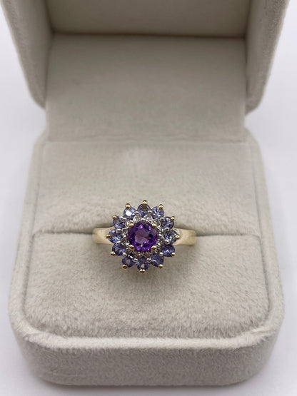 9ct gold amethyst, tanzanite and diamond cluster ring