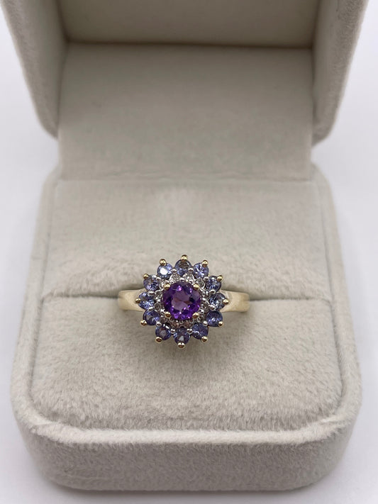 9ct gold amethyst, tanzanite and diamond cluster ring