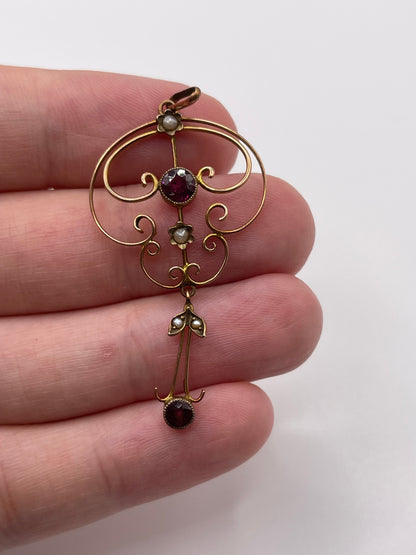 Antique 9ct gold garnet and pearl pendant