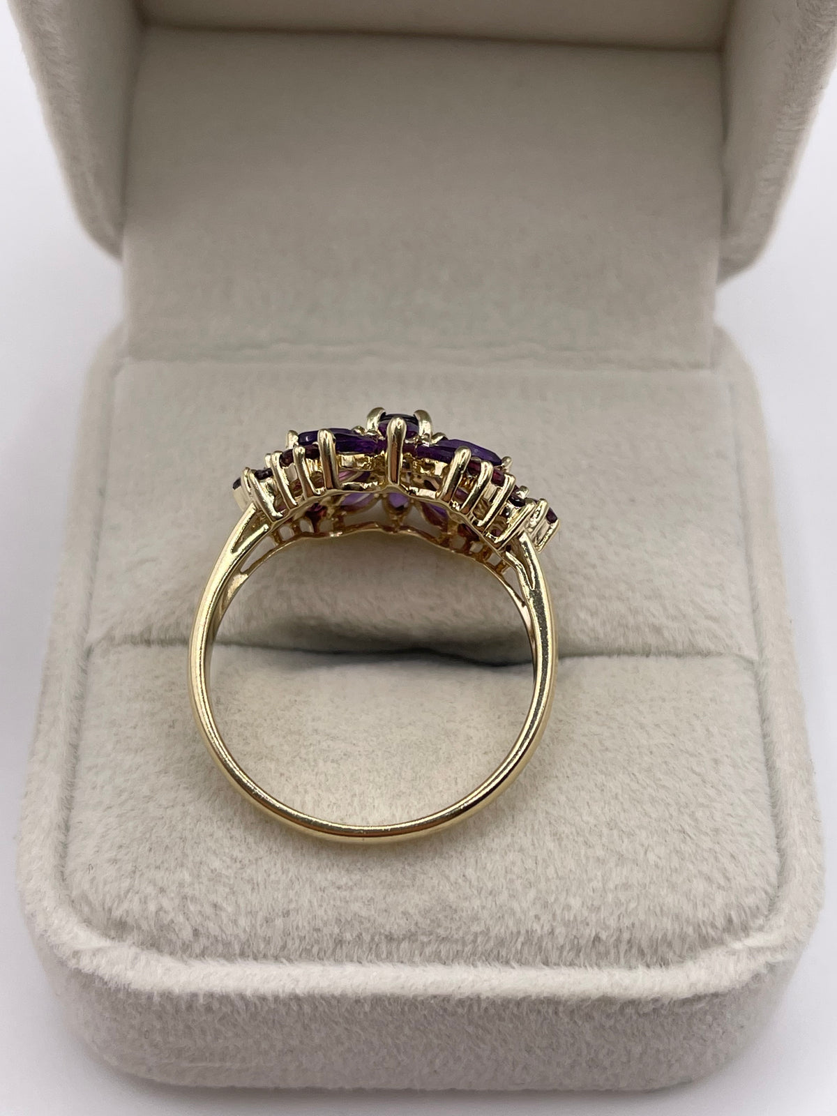 9ct gold iolite, amethyst and garnet ring