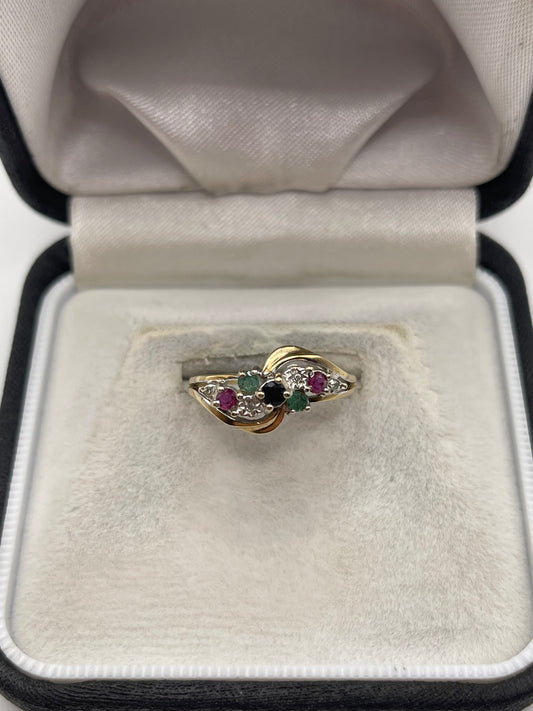 9ct gold ruby, sapphire, emerald and diamond ring