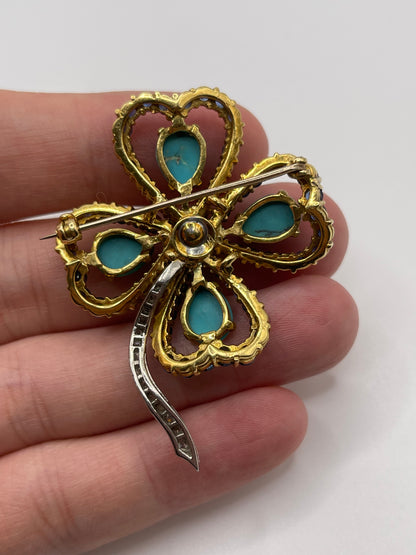 18ct gold turquoise, sapphire and diamond clover brooch