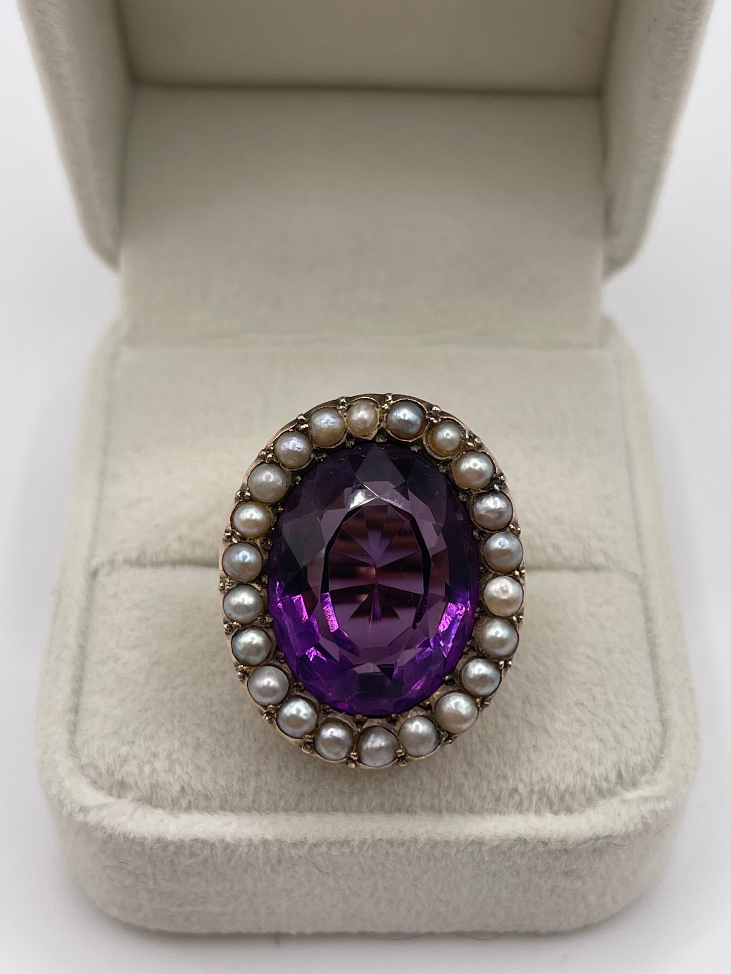 Antique 9ct gold amethyst and pearl ring