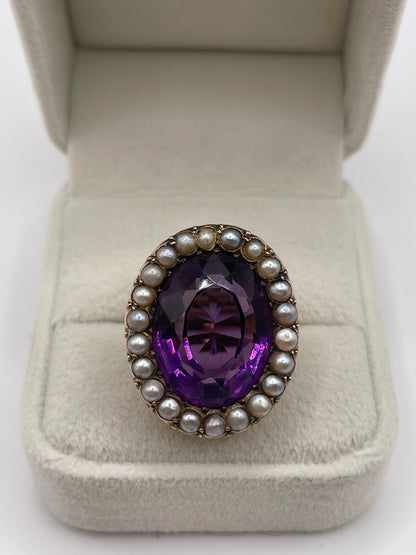 Antique 9ct gold amethyst and pearl ring