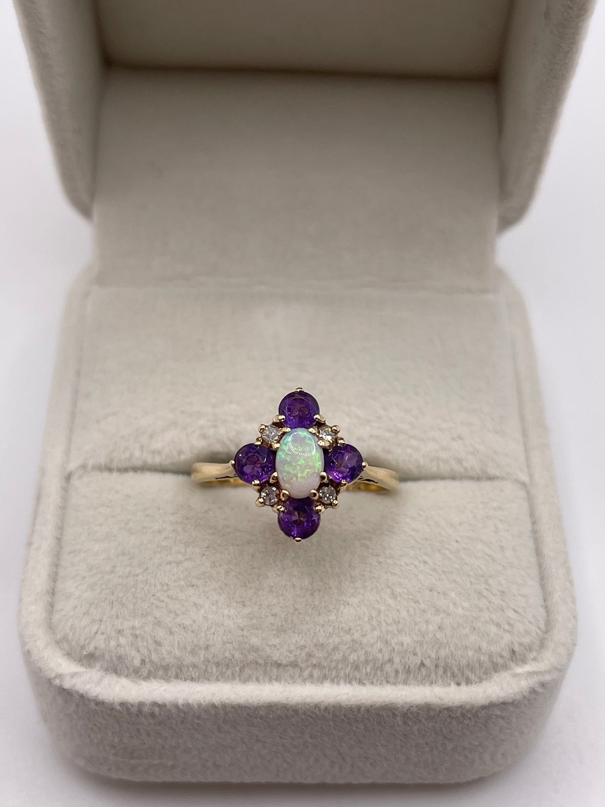 9ct gold opal, amethyst and diamond ring
